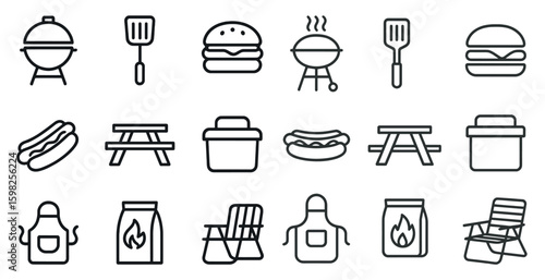 Outdoor bbq line icons set – picnic, grilling, cookout essentials