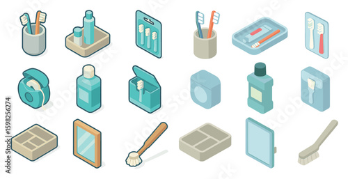 Personal hygiene isometric icons set – bathroom, toiletries, grooming essentials