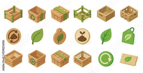 Eco-friendly packaging icons set – isometric, green, sustainable materials symbols