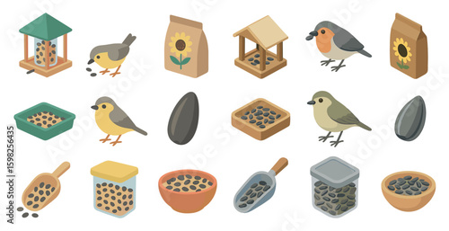 Bird watching isometric icons set – wildlife, feeders, seeds, nature symbols