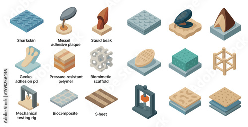 Biomimetic materials isometric icons set – structure, innovation, technology symbols