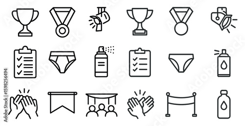 Awards and achievements icons set – line, outline, trophy and medal symbols