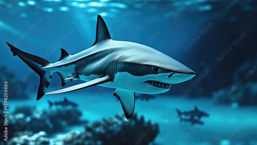 Fototapeta premium Great White Shark swimming underwater with aquatic ecosystem and marine life, predator, ocean, wildlife, and dangerous sea creature.