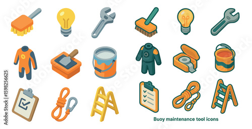Buoy maintenance tool icons set – isometric, flat, nautical equipment symbols