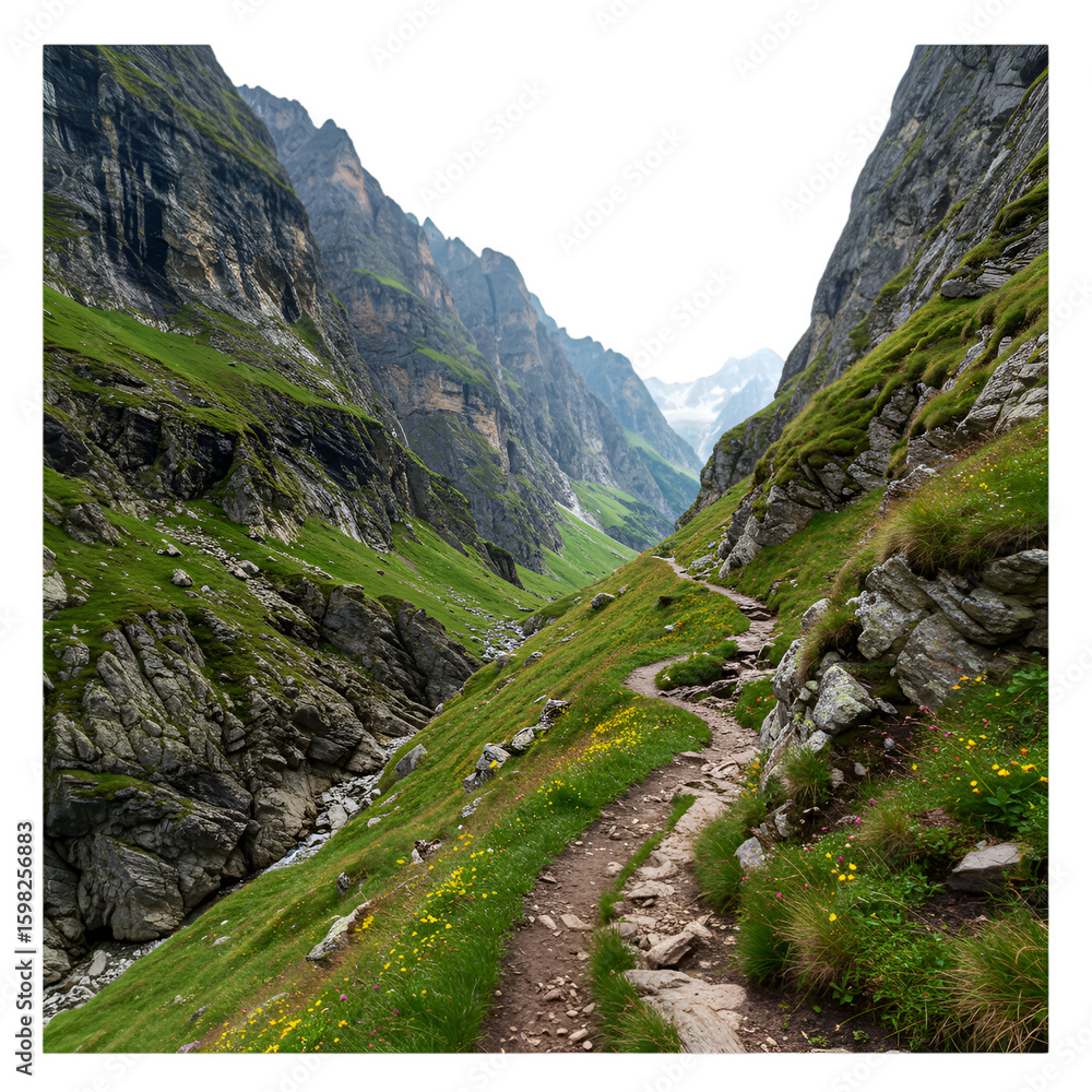 Obraz premium Photo of Winding Mountain Path Through Green Valley