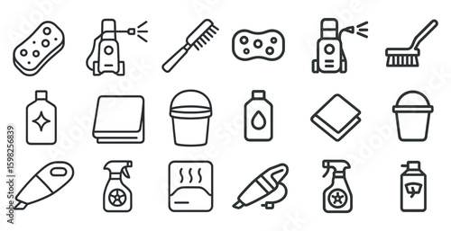 Cleaning and hygiene outline icons set – line, sanitary, housekeeping tools