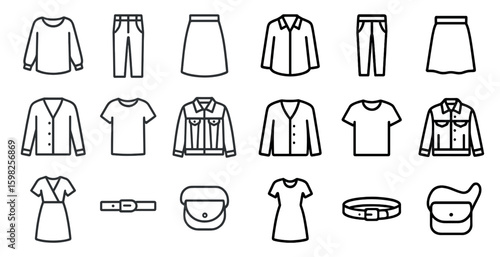 Fashion and apparel outline icons set – clothing, style, wardrobe symbols
