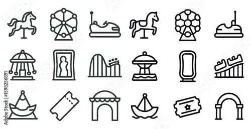 Amusement park outline icons set – fun, silhouette, carnival and thrill ride images