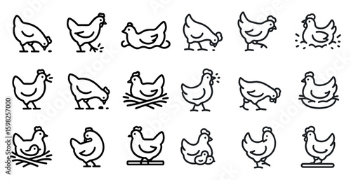 Farm animals icons set – line, silhouette, poultry and livestock symbols