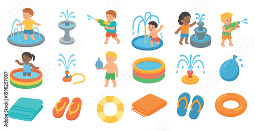 Kids and water activities icons set – flat, colorful, fun playtime symbols