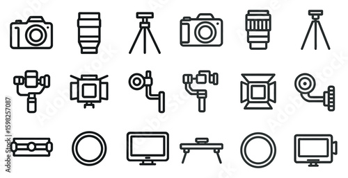 Photography and camera line icons set – outline, linear, equipment, and gadget symbols
