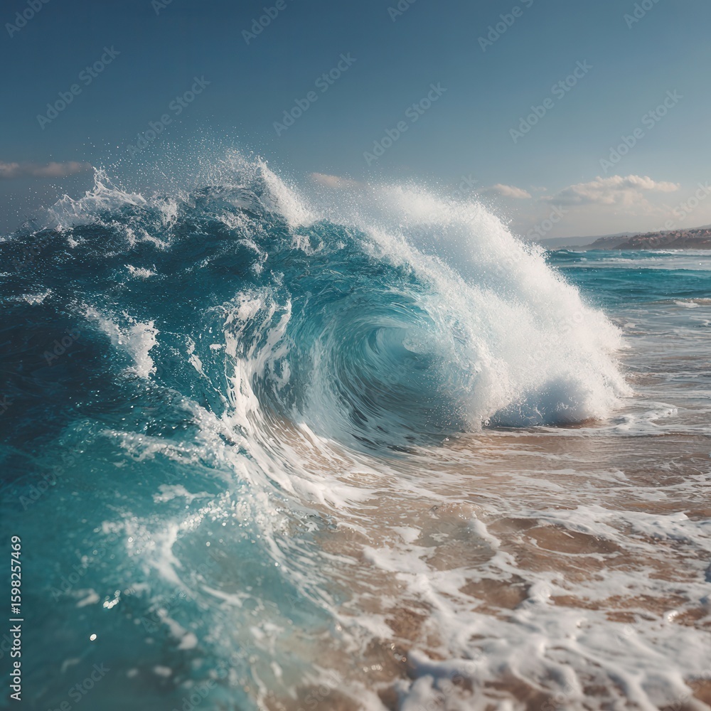 Fototapeta premium Majestic Ocean Wave Crashing on Sandy Shore Under Bright Blue Sky