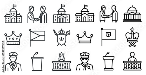 Politics and government line icons set – linear, outline, civic and state symbols