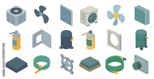 Hvac system isometric icons set – filled, air conditioning and heating symbols