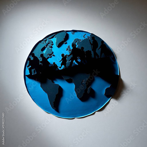 Silhouette of People Walking on a World Globe, Concept of Migration.