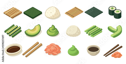 Sushi ingredients icons set – isometric, food, japanese cuisine elements