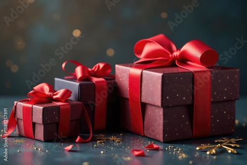 Elegant red ribbon tied gift boxes, gold accents, paper, stripe, background