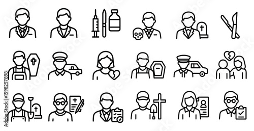 Funeral and mourning line icons set – outline, memorial, and tribute symbols