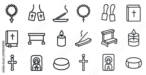 Religious symbols outline icons set – worship, faith, minimal line designs