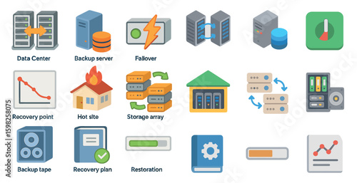 Data center and server icons set – isometric backup, recovery point and failover symbols