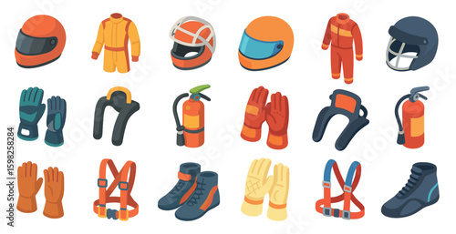 Safety equipment isometric icons set – safety gear, protection, and security symbols