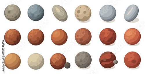 Planetary bodies flat icons set – celestial, solar system, astronomy symbols