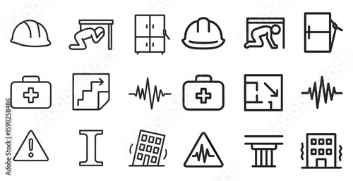 Earthquake safety line icons set – linear, outline, emergency preparedness symbols