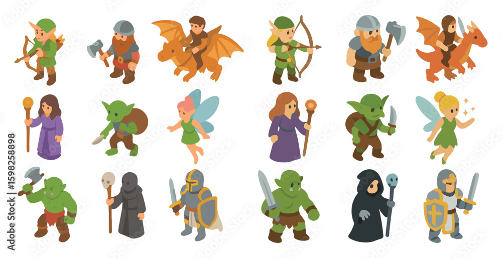 Obraz premium Fantasy and adventure isometric icons set – role-playing, gaming characters