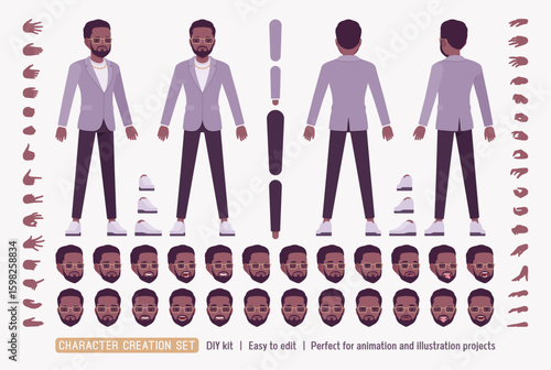 Stylish dark skin man wearing purple blazer DIY character creation set, african american body figure parts. Male head, leg, hand gestures, different emotions, construction kit. Vector illustration