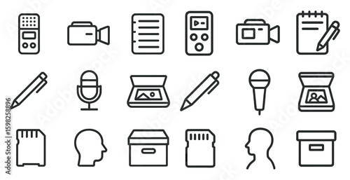 Media and communication outline icons set – line, linear, audio and video symbols