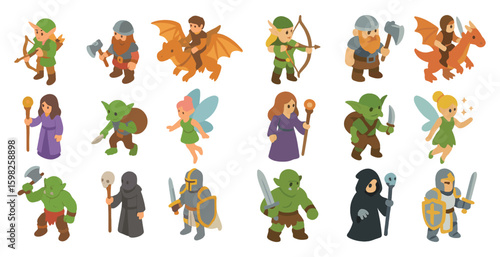 Fantasy and adventure isometric icons set – role-playing, gaming characters