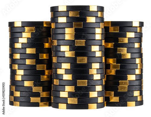 Tall Stack of Black and Gold Poker Chips, Front View, Isolated