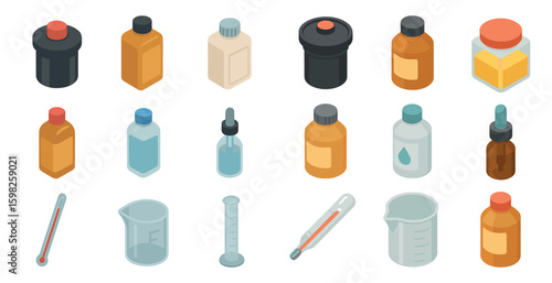 Healthcare and medication isometric icons set – pharmacy, medical, healthcare symbols
