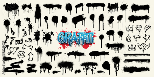 Collection of graffiti spray pattern, symbol, heart, crown, arrow or star with grunge texture. Graffiti stencil, paint brush stroke banner, ink splash or black watercolor drop. Doodle frame background