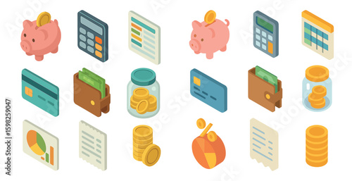 Finance and budgeting isometric icons set – money management and savings designs