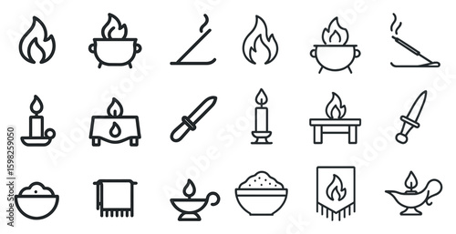 Fire and flame outline icons set – linear, silhouette, candle and incense symbols