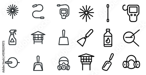 Home cleaning outline icons set – linear, line, household and sanitation tools