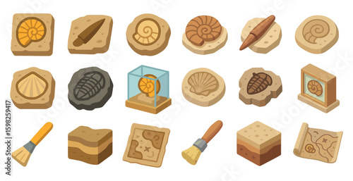 Fossil and archaeology isometric icons set – 3d, outline, ancient excavation symbols