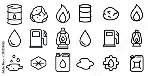 Energy and fuel outline icons set – linear, line, oil and gas industry symbols