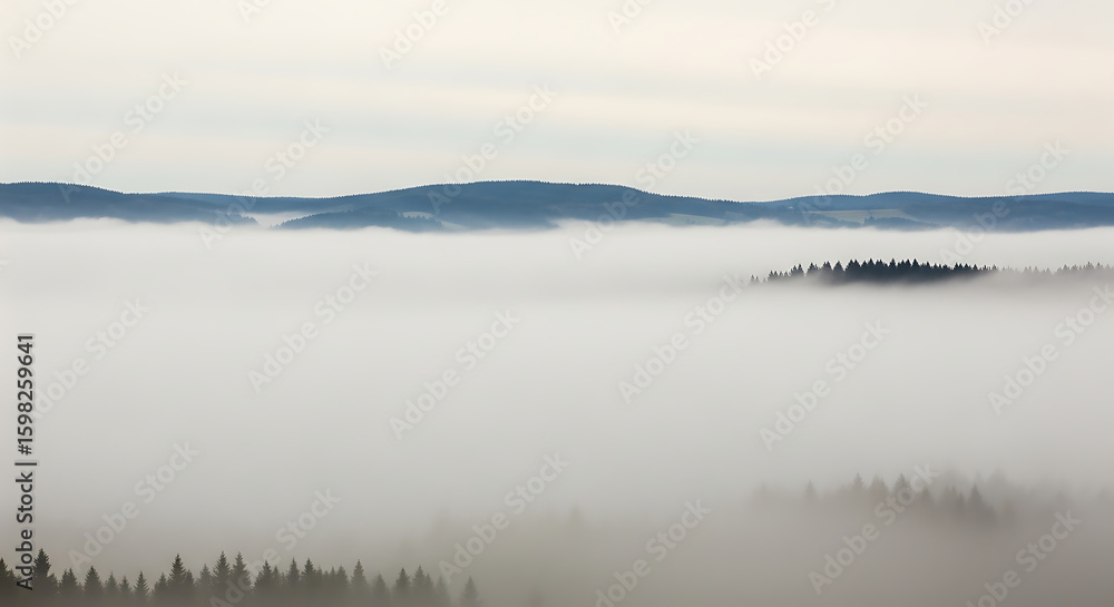Fototapeta premium A vast, dense fog bank completely engulfing a natural landscape (e.g., a forest, rolling hills), reducing visibility to only the nearest objects. The muted colors and ethereal atmosphere create a sens