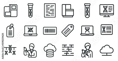 Genetic research icons set – line, outline, dna and biotech symbols