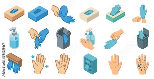 Hygiene and sanitation icons set – isometric, protective, cleanliness symbols