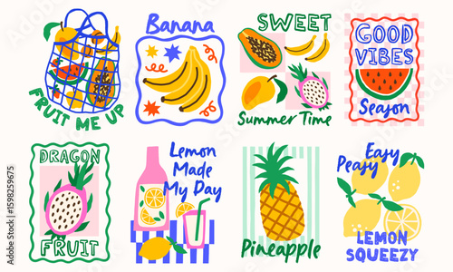 Summer fruits vector print designs with quotes. Bright tropical exotic illustrations in wavy frames