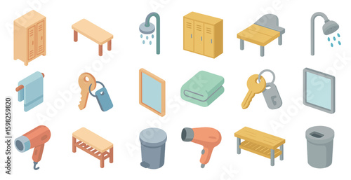 Hotel and hospitality isometric icons set – accommodations, service essentials symbols