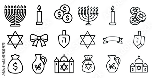 Jewish holiday line icons set – outline, linear symbols for hanukkah and celebration