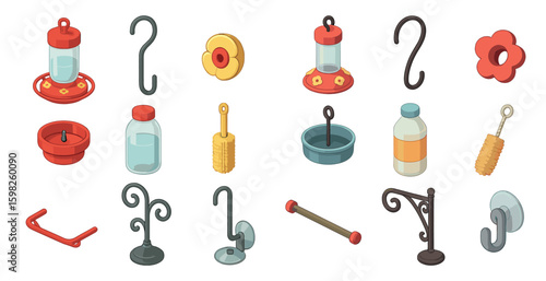 Bird feeder isometric icons set – flat, filled, garden and hangers collection
