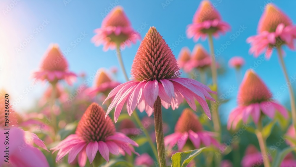 Obraz premium Pink coneflowers in full bloom with a bright blue sky background. Summer flowers and vibrant garden scene. Colorful and lively floral landscape.