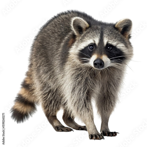 A detailed portrait of a raccoon standing on a transparent background isolated on transparent background