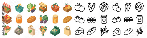 Grocery and market icons set – isometric, food, shopping essentials collection