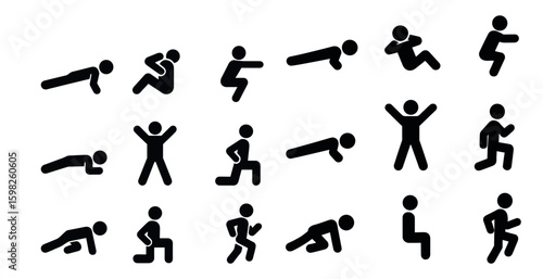 Fitness and exercise silhouette icons set – solid, workout, health symbols